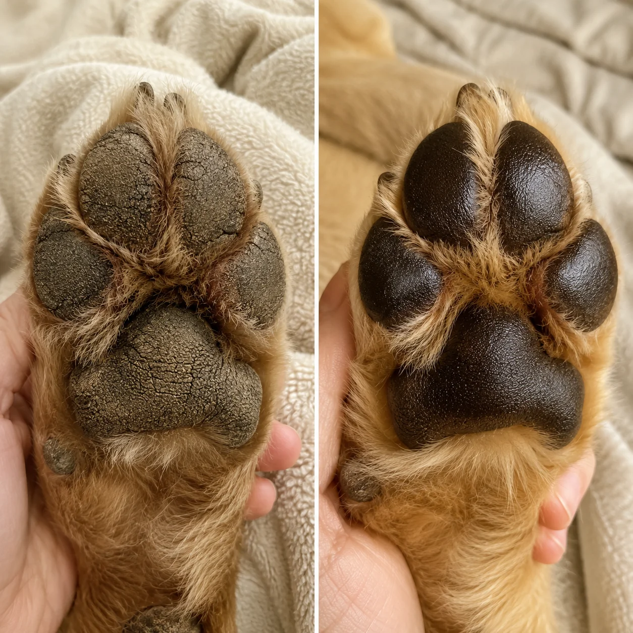 Before and after dog paw pads showing rough texture becoming moisturized