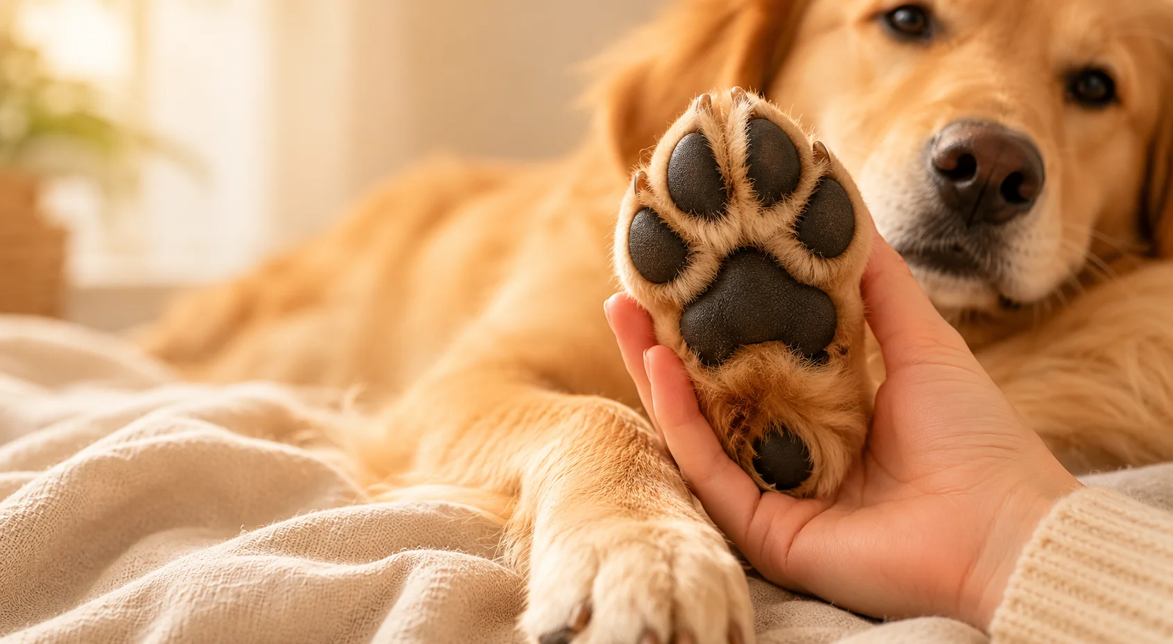 Dog paw being gently cared for on a warm beige blanket